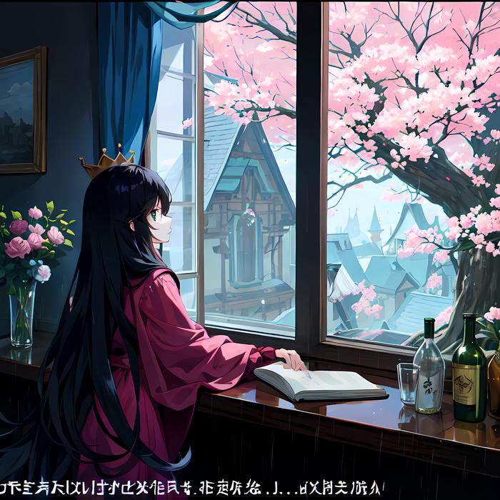 春日窗畔，书香樱花与二次元少女。插画图片壁纸