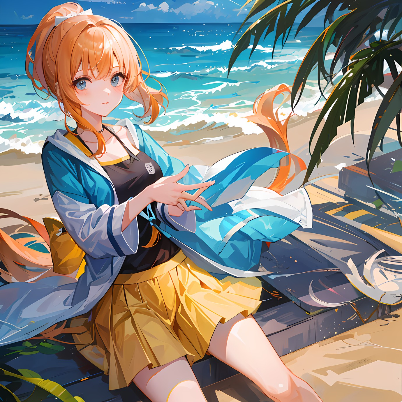 蓝色风景，一女孩独自在海边。插画图片壁纸