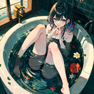 花瓣横落，少女在浴缸中微笑。