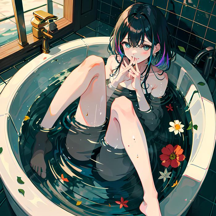 花瓣横落，少女在浴缸中微笑。插画图片壁纸