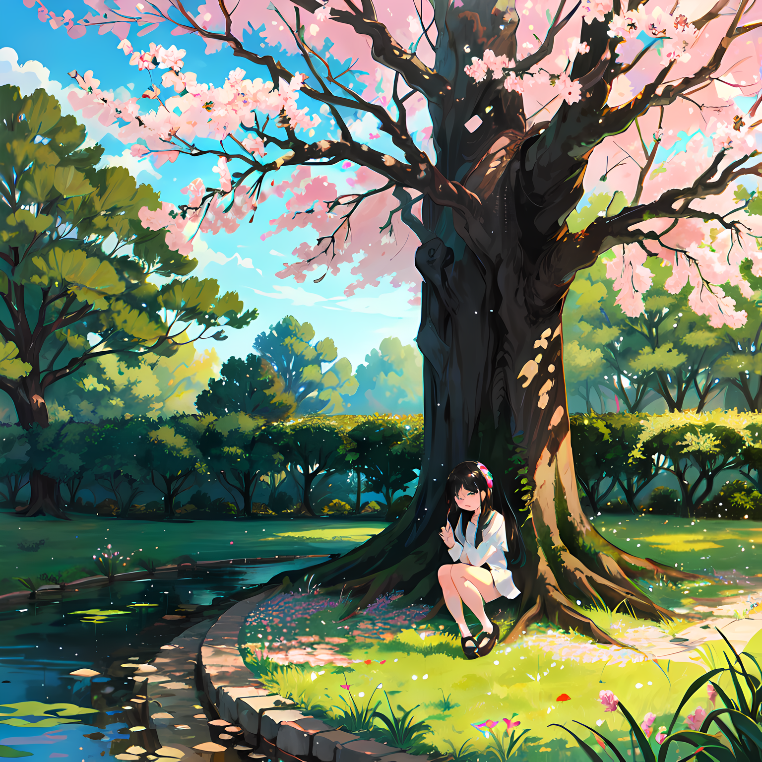 樱花树下，春天里的池塘边插画图片壁纸