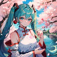 樱花树下，长发美少女与Hatsune Miku举办花見，笑容满面。插画图片壁纸