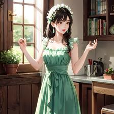 书架少女的绿裙花香插画图片壁纸
