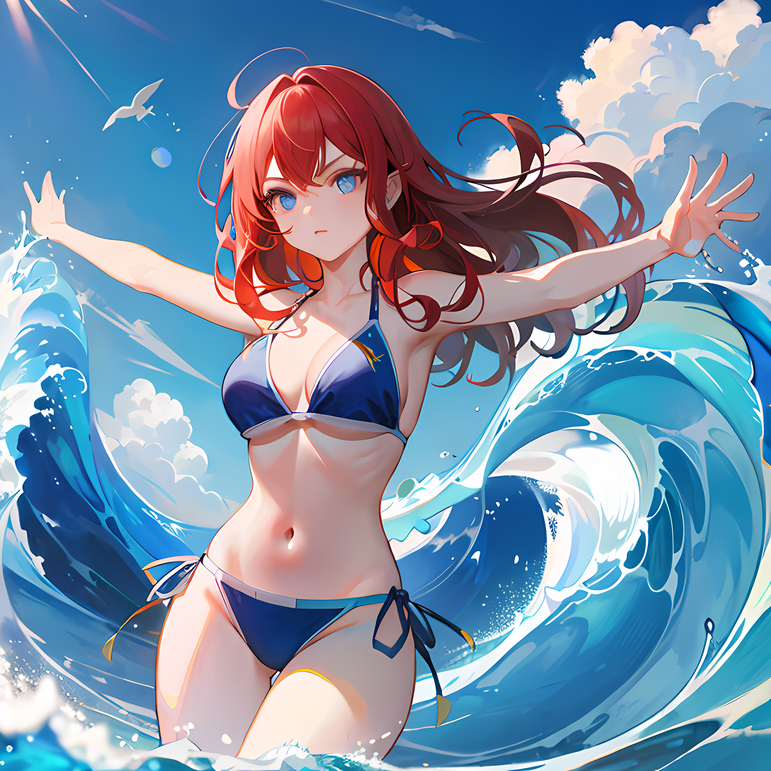 蓝天大海，女孩水中狂欢。插画图片壁纸