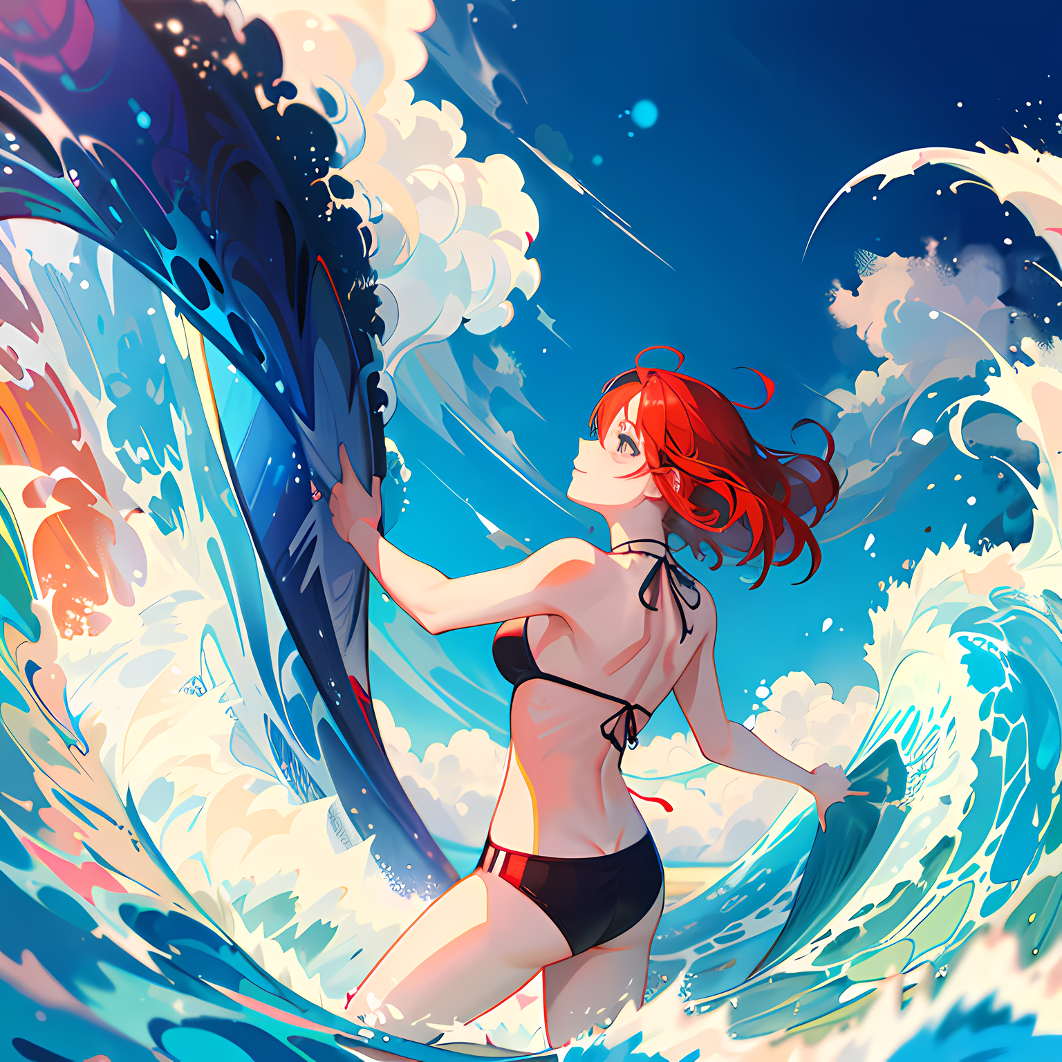 红发女孩在海边玩耍插画图片壁纸