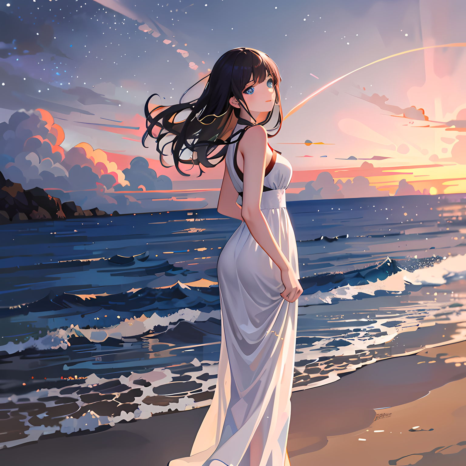 星空美少女，夕阳海岸，星光波涛，远山天际。插画图片壁纸