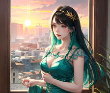 绿裙萌妹子在城市黄昏双手护栏，独自凝望远方。