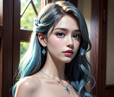 美女蓝发妹子的珠宝 Cali - 本体横档，模糊窗户，独立地站在人群之外，向观众展示她的珍珠项链和炫目耳环。