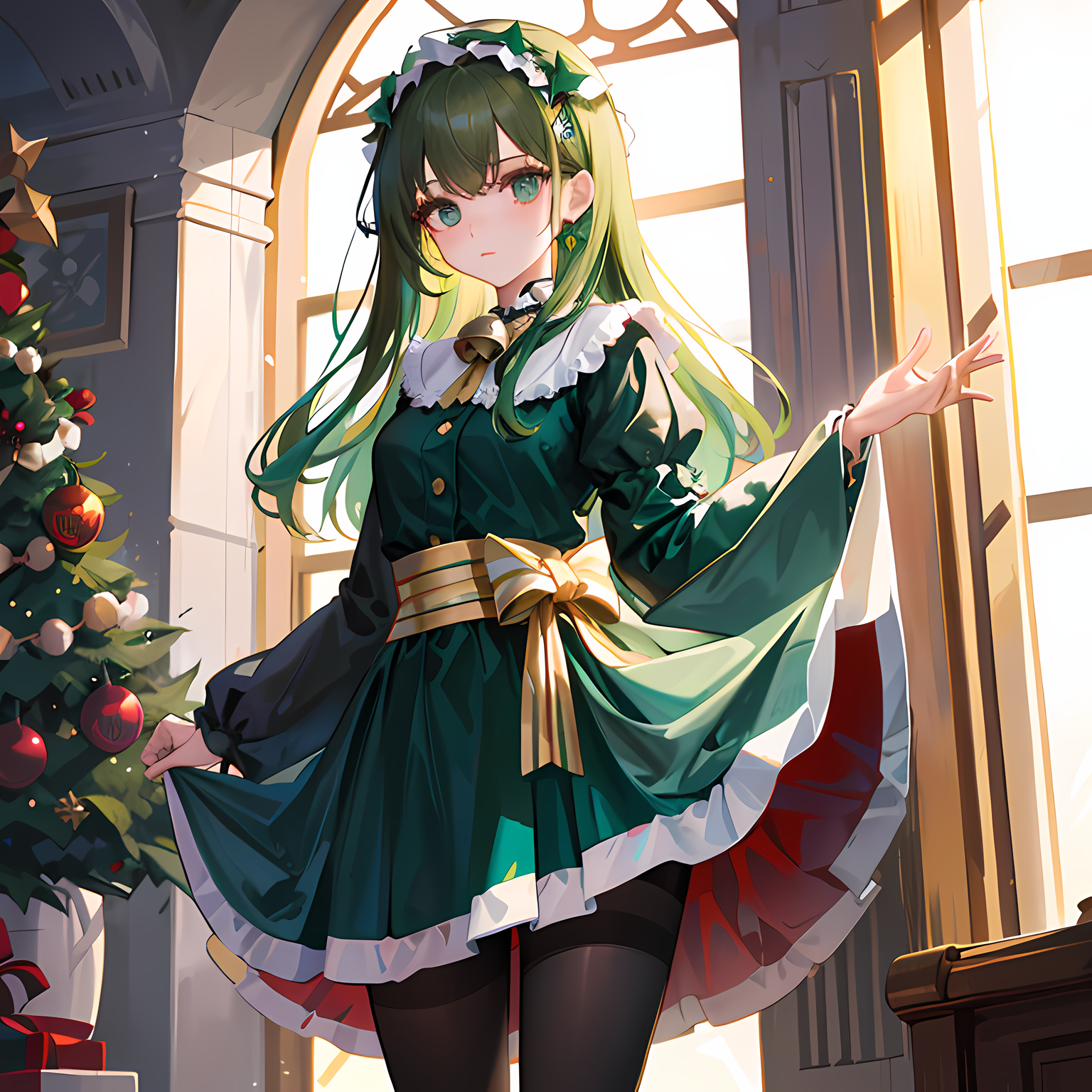 圣诞妹子戴圣诞帽守窗前，一枝绿树点缀礼物盘，华丽发带惊艳众人。插画图片壁纸
