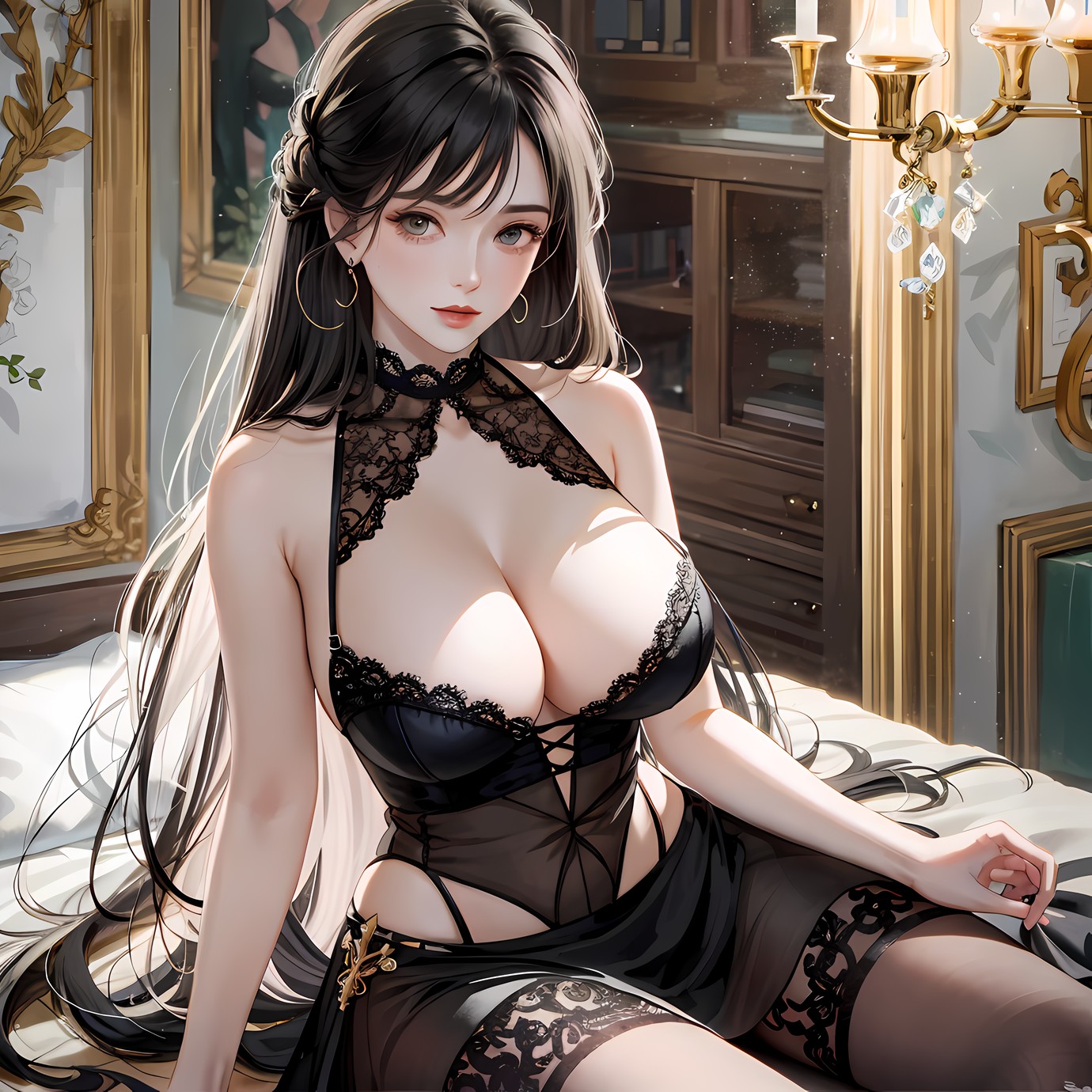 黑发少女穿蕾丝袜独坐，深邃眼神向观众凝视插画图片壁纸