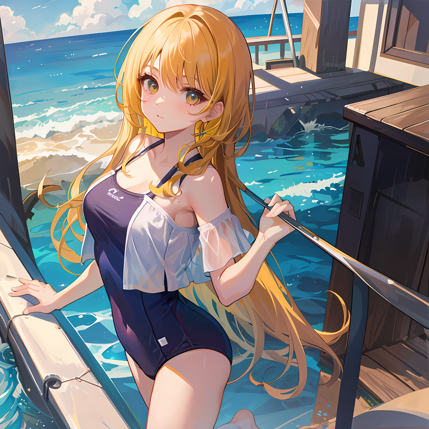 泳装女孩在海边玩耍插画图片壁纸