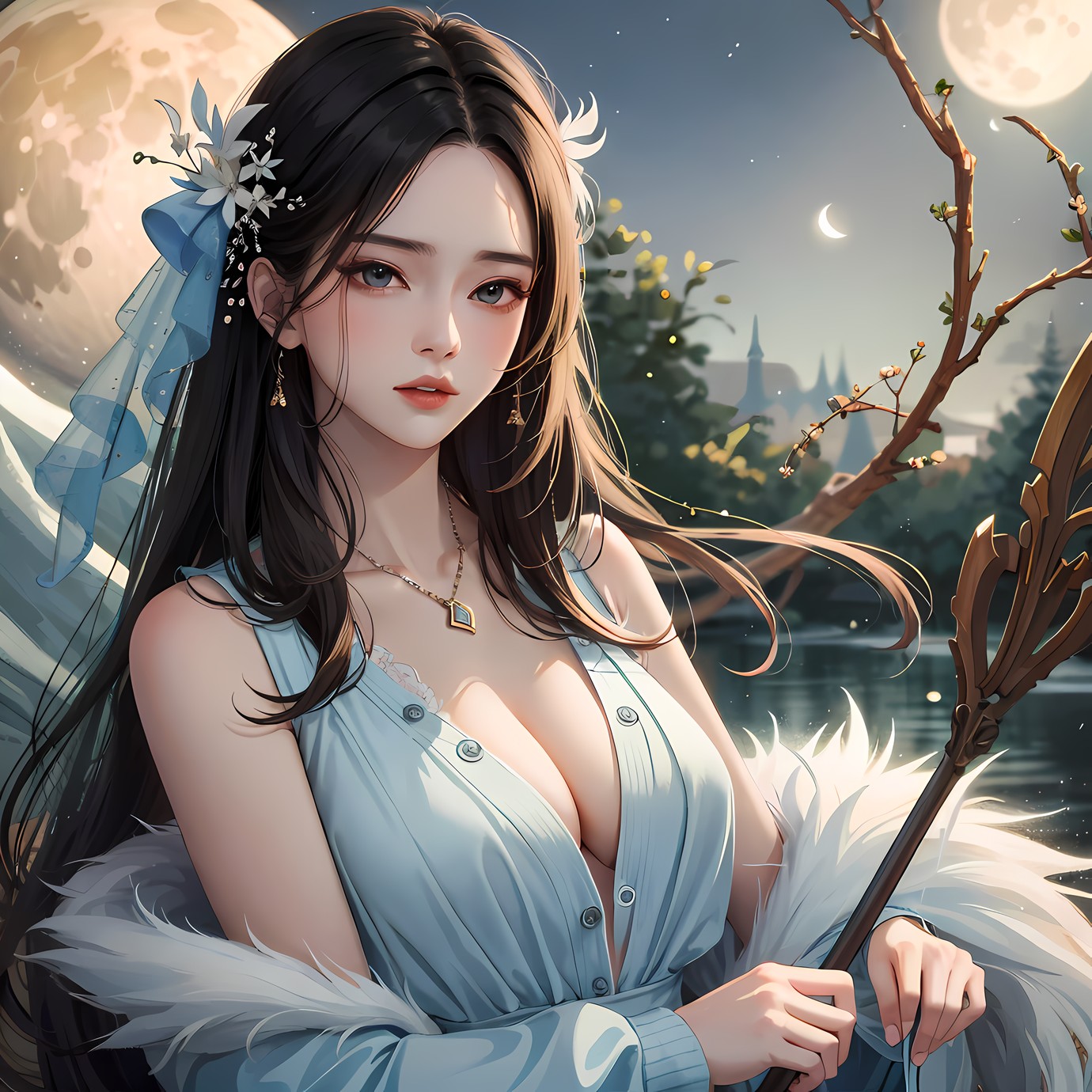 月夜皮毛少女俯身凝望插画图片壁纸