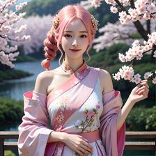 春日樱花树，梳着辫子的少女与蝴蝶结发饰的初音坐在枝头看风景。插画图片壁纸