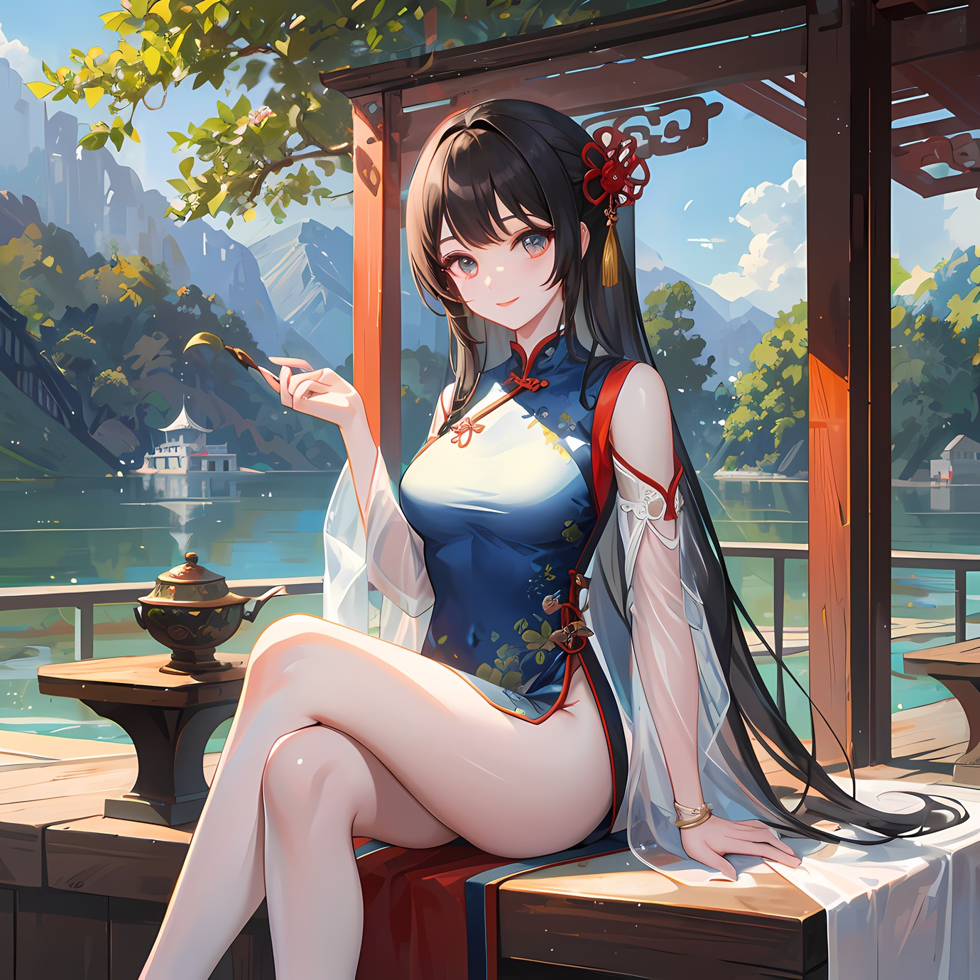 长发妹子双足交叉微笑着，细看，衣衫飘逸，佩戴云朵首饰与发饰插画图片壁纸