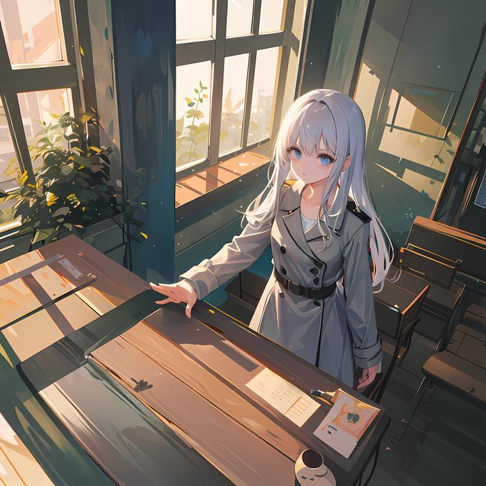 蓝眼美少女独立窗前看夕阳插画图片壁纸