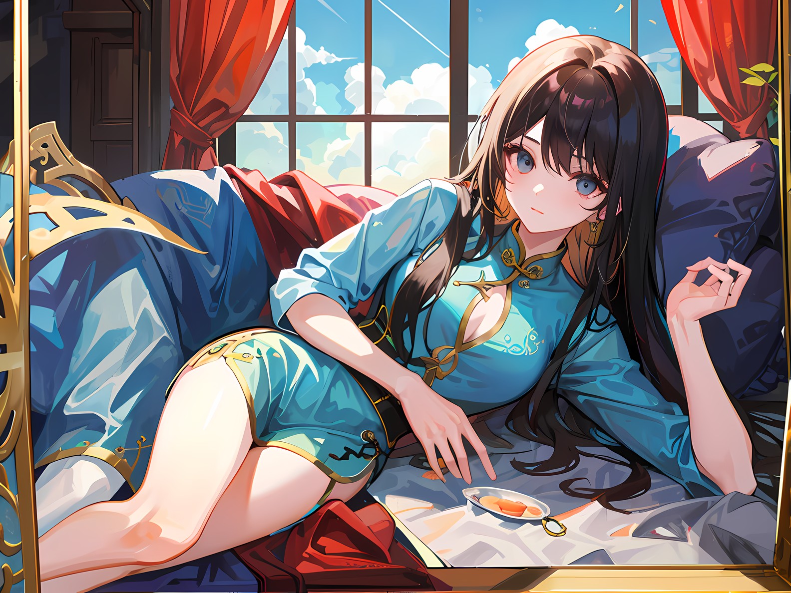 窗外蓝天，窗内红装美女。插画图片壁纸