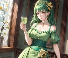 翠绿妆扮下，美少女独饮花间。
