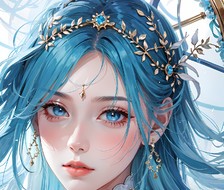 蓝色少女静默注视，耳环与珠宝闪耀眼眸。