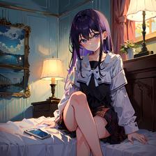 紫瞳少女坐在床上，凝视着你插画图片壁纸