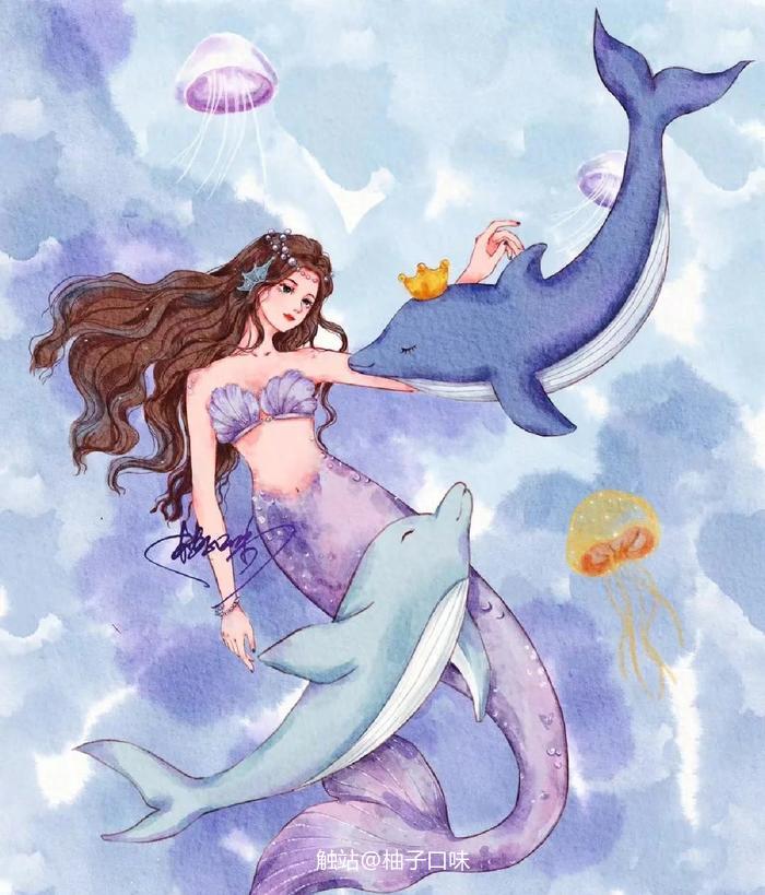 人鱼公主和海豚🐬插画图片壁纸