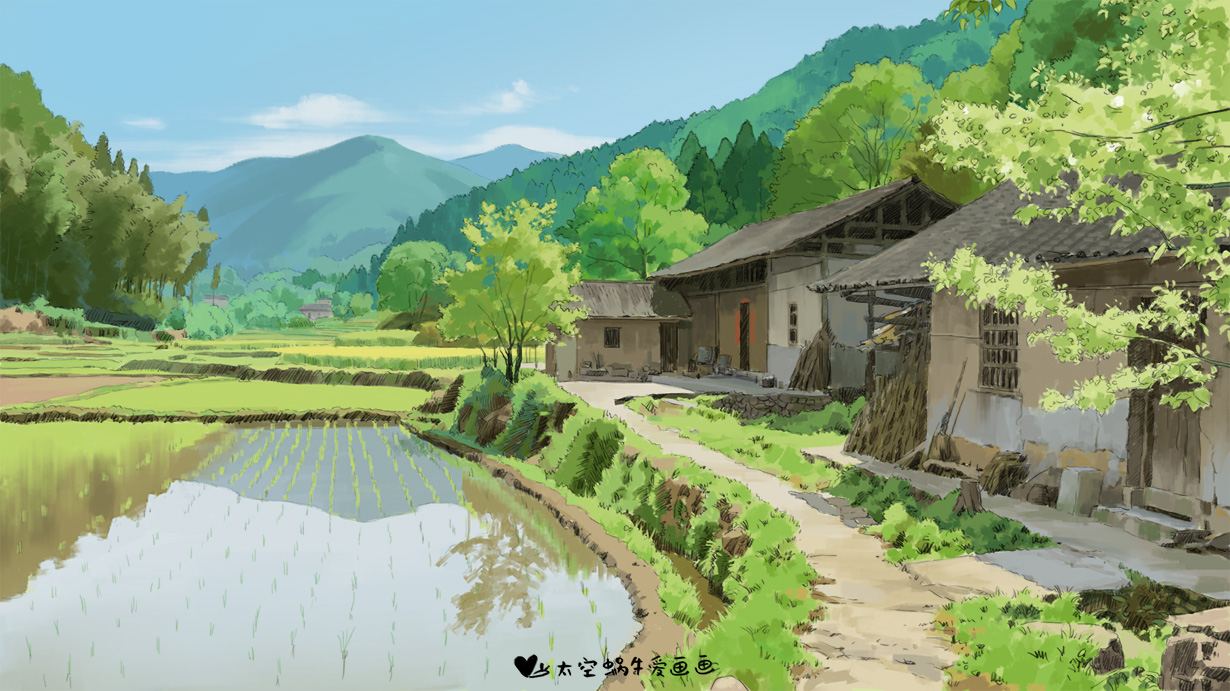 中国乡村治愈系场景插画图片壁纸
