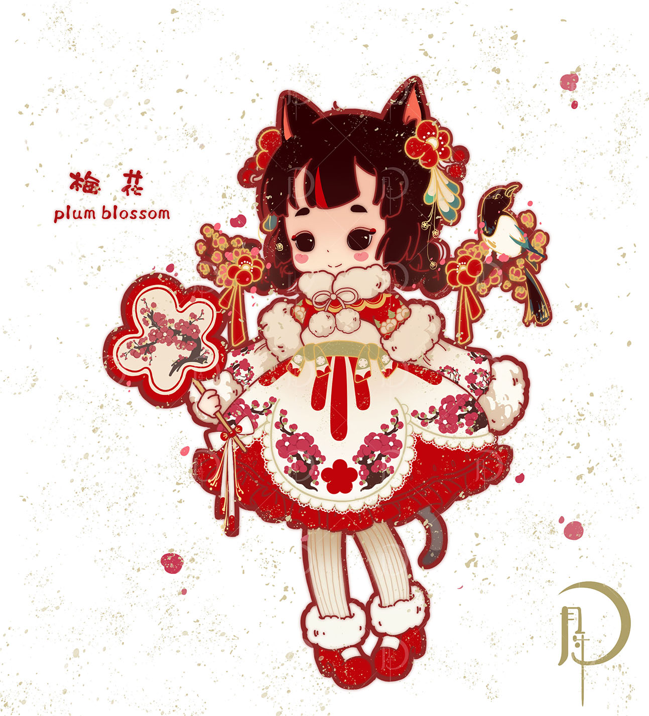 小红猫——中国风lo裙插画图片壁纸
