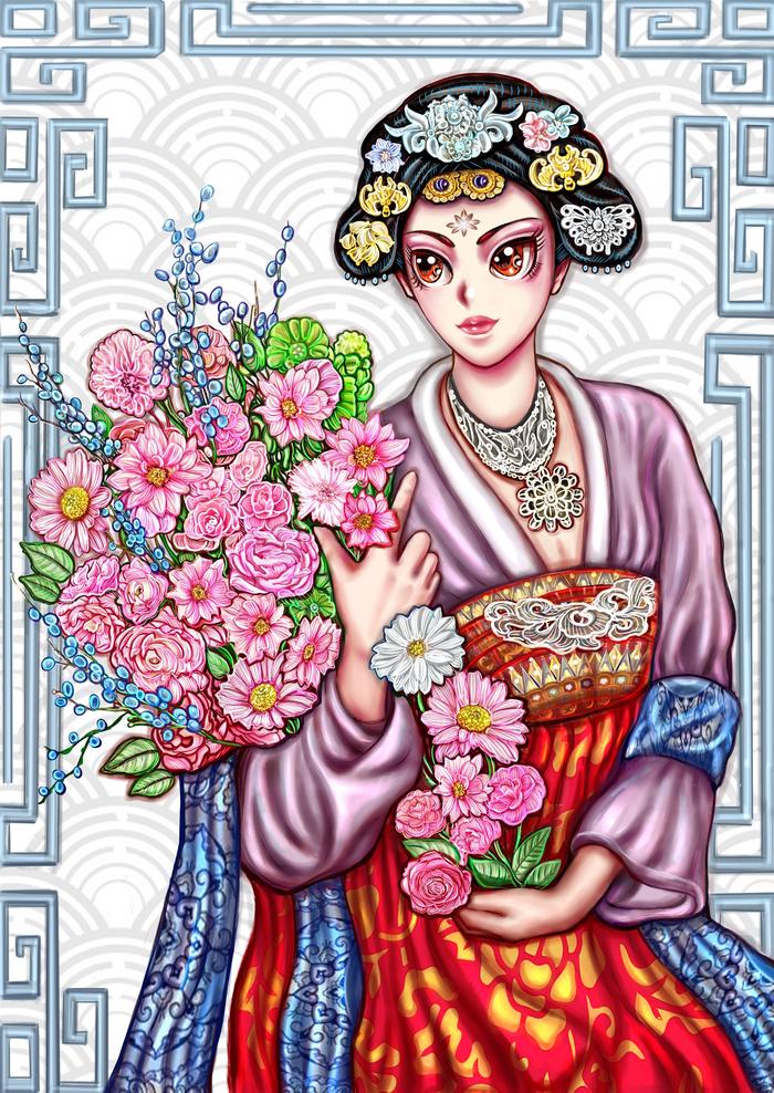 鲜花与女孩插画图片壁纸