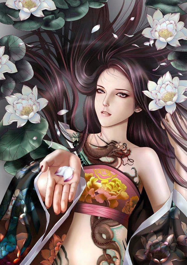 龙纹白莲花那一新荷商业插图龙纹身白莲花长发女孩竖图