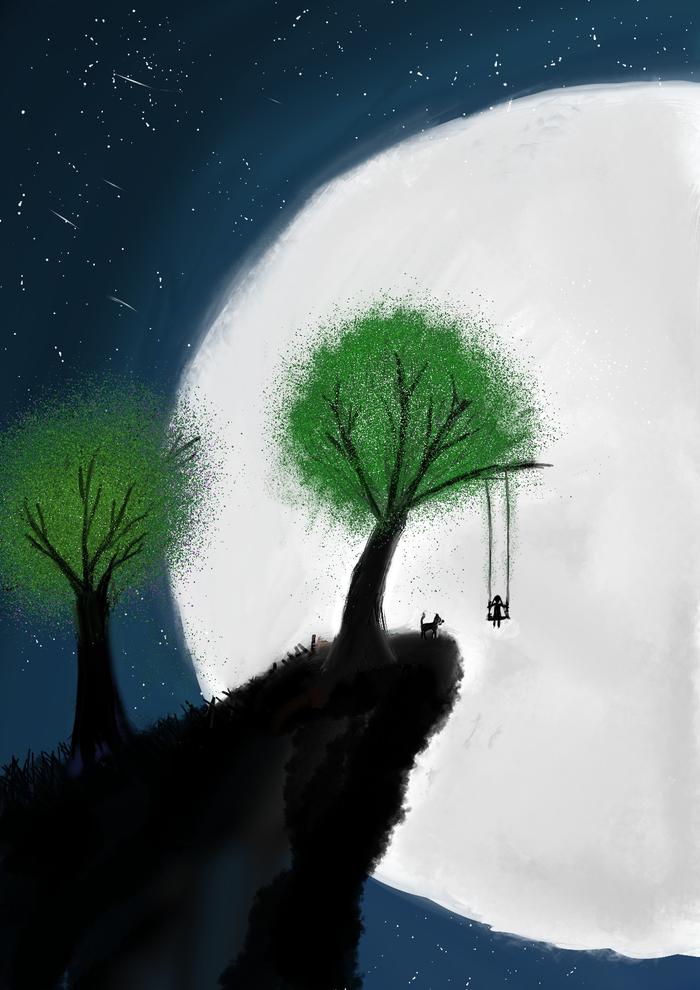 《月光下荡秋千的小女孩》插画图片壁纸