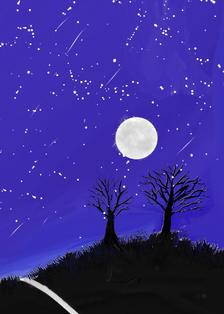 《月亮星辰和枯槐》插画图片壁纸