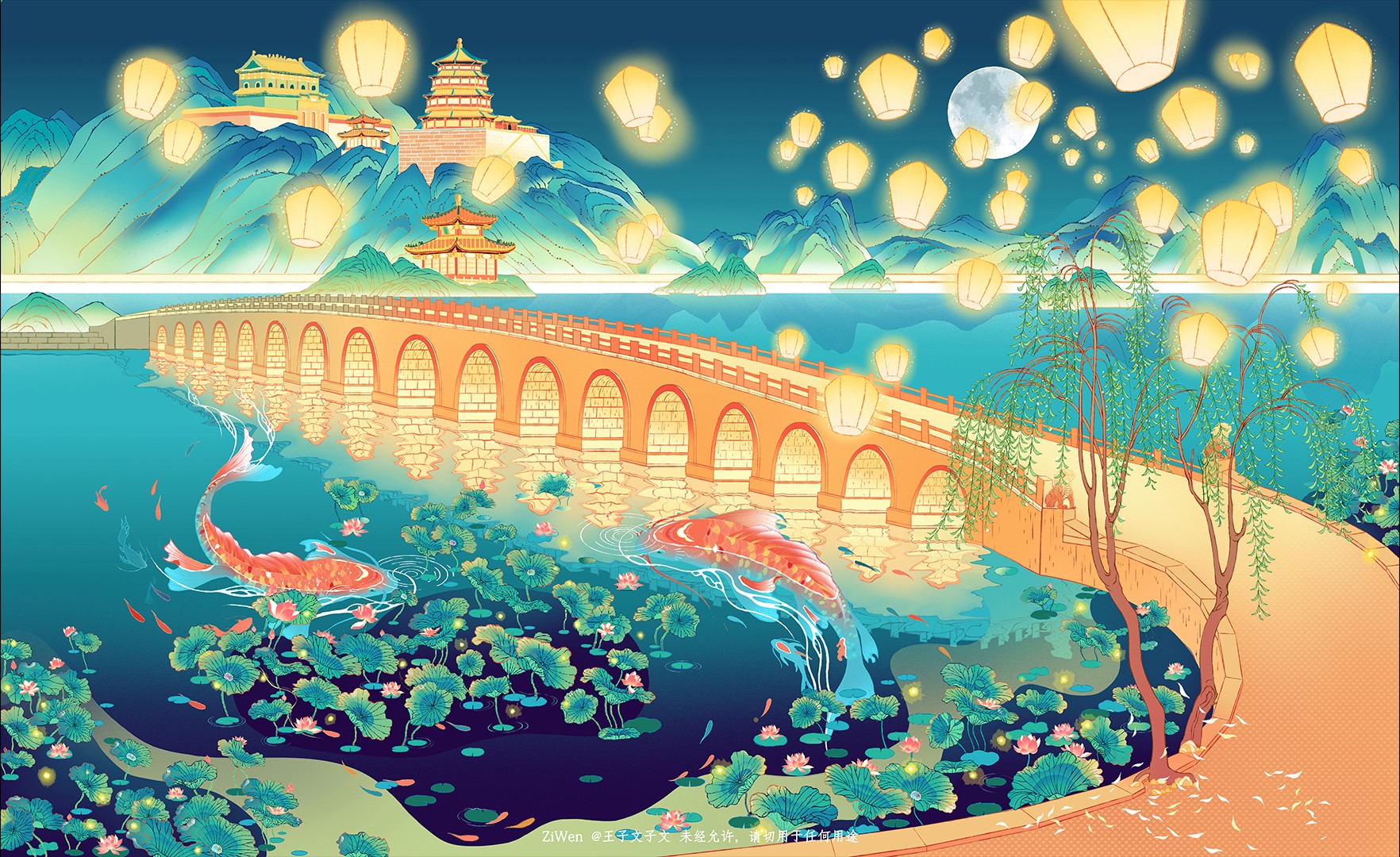 颐和园十七孔桥插画图片壁纸