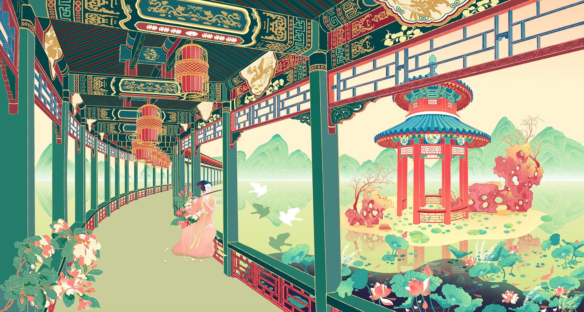 颐和园长廊插画图片壁纸