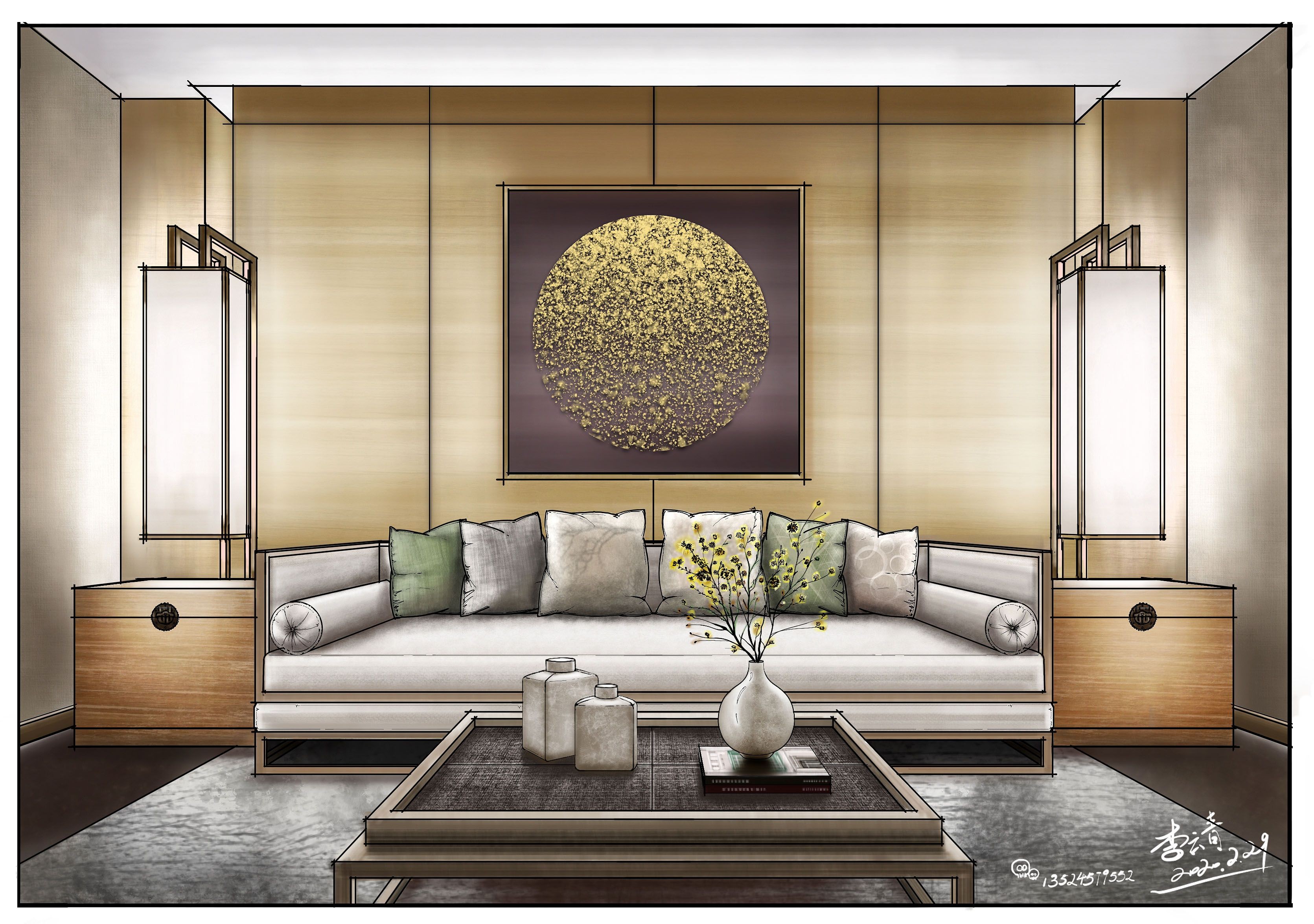 中式客厅空间板绘插画图片壁纸