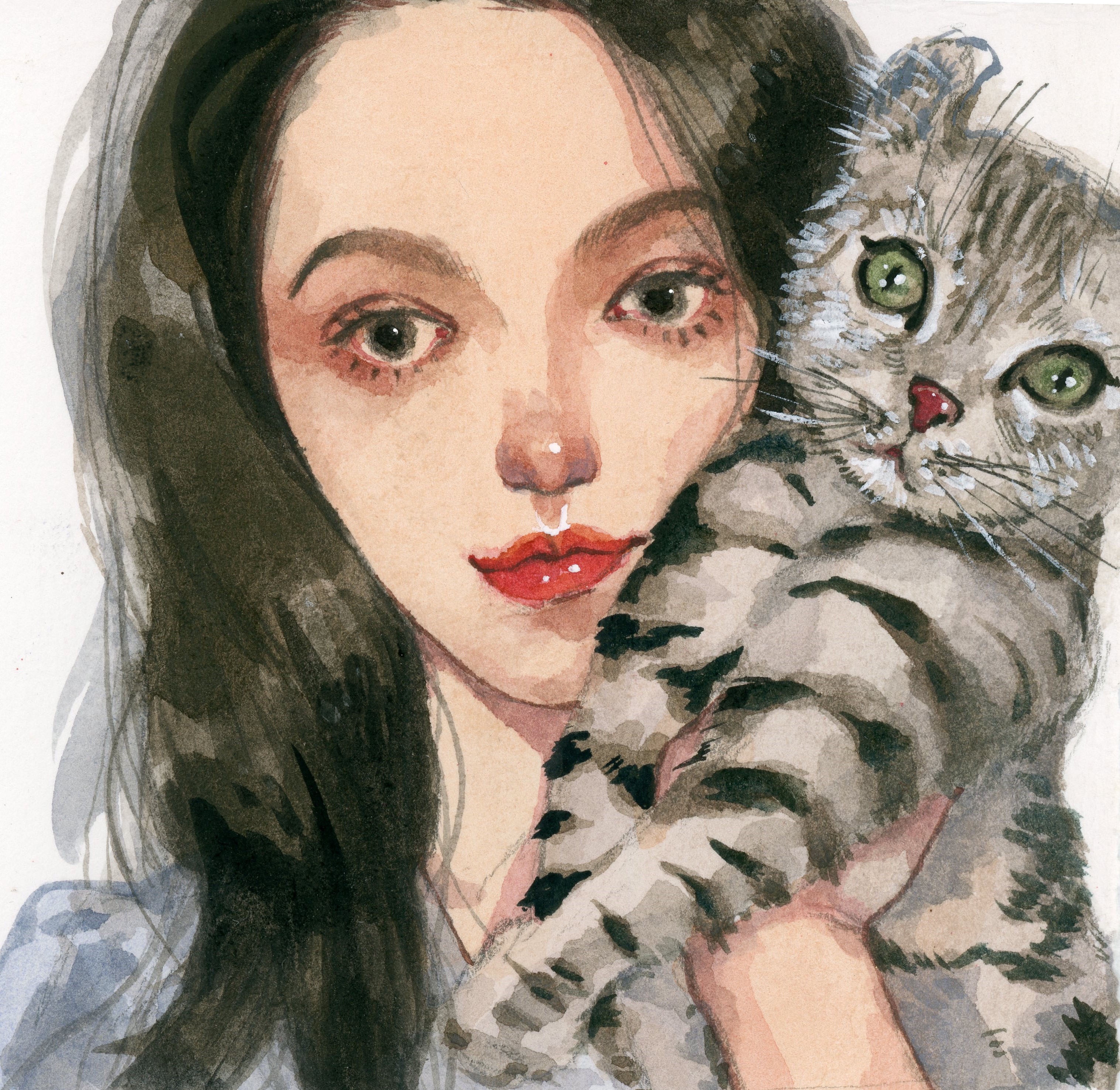 抱着猫咪的姑娘插画图片壁纸