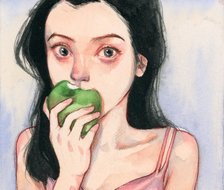 吃苹果的女孩子-水彩透明水彩