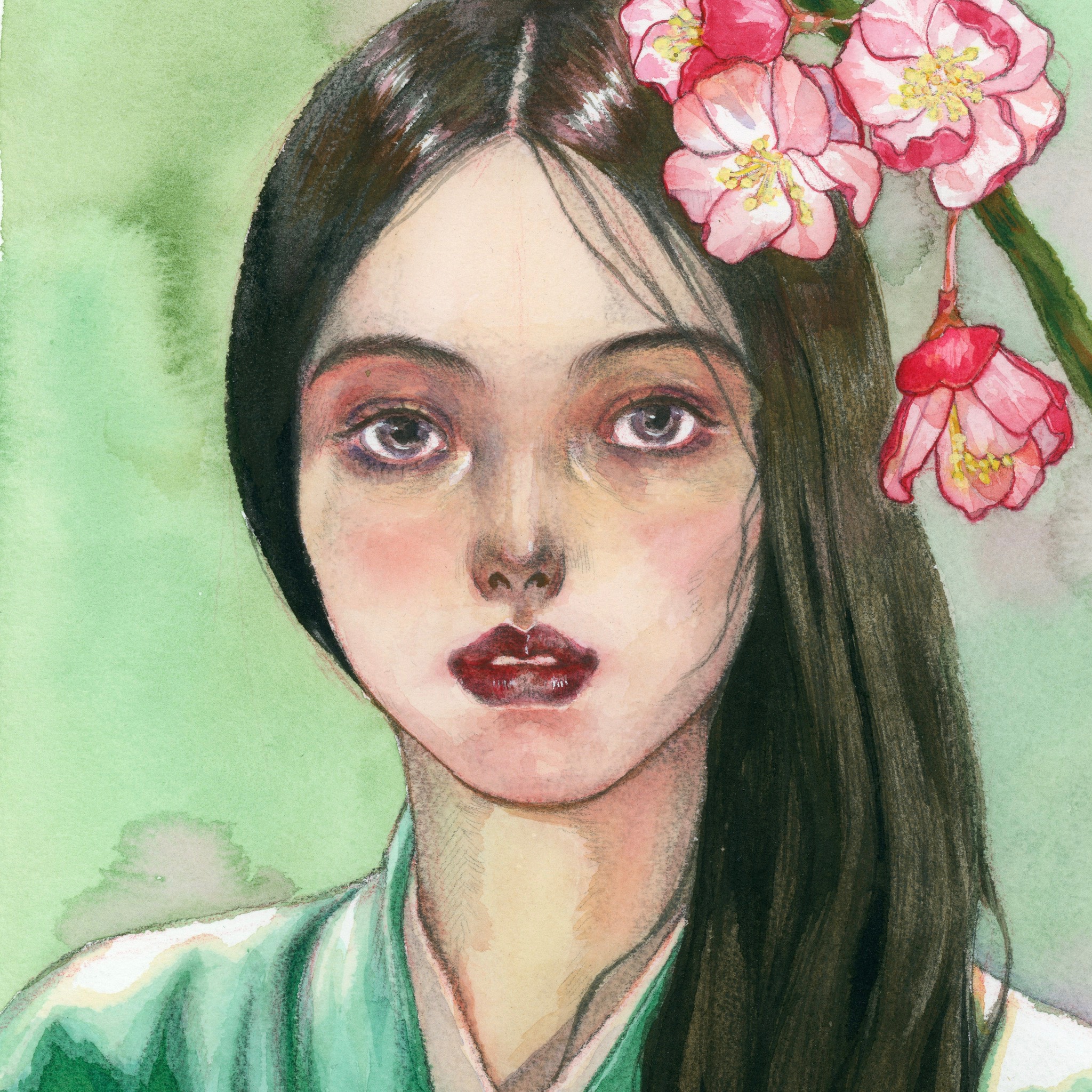 薄荷绿与樱花树下的少女
