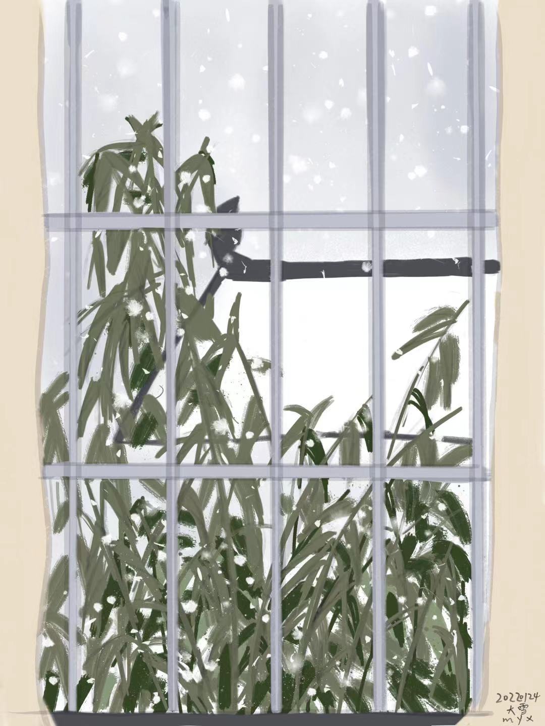 窗内观雪插画图片壁纸