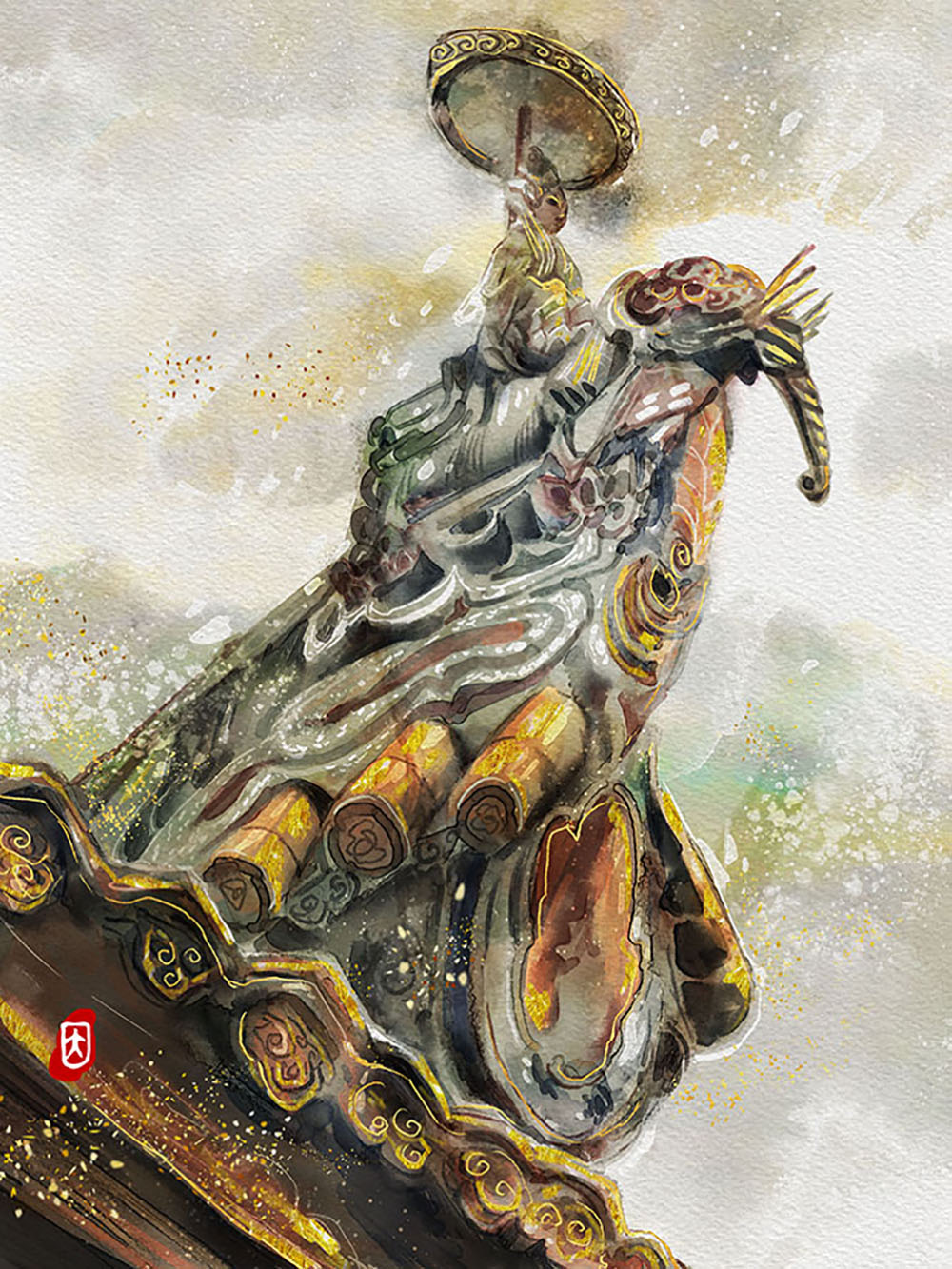 文物之美：昭觉寺屋脊骑象仙人插画图片壁纸