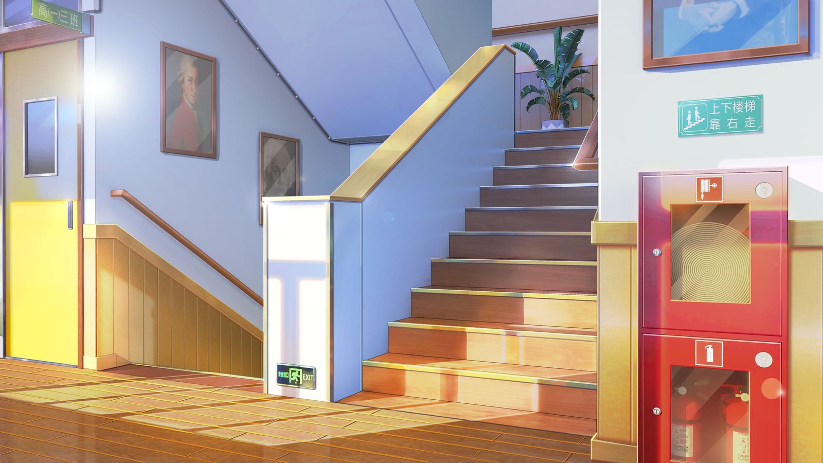二次元场景-现代学校楼梯插画图片壁纸