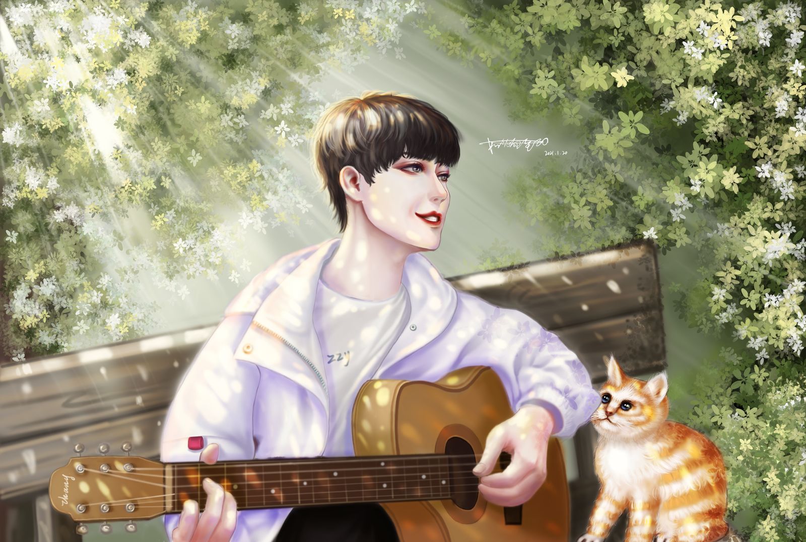 吉他男孩与听音乐的猫