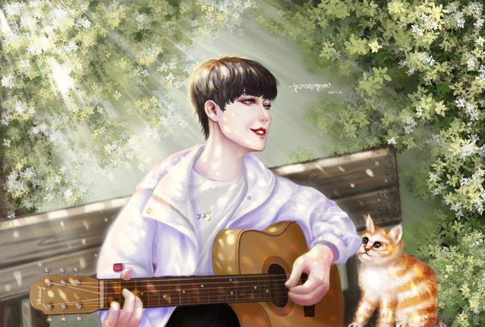 吉他男孩与听音乐的猫插画图片壁纸