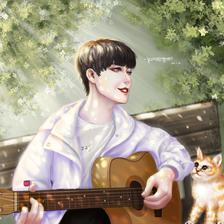 吉他男孩与听音乐的猫插画图片壁纸