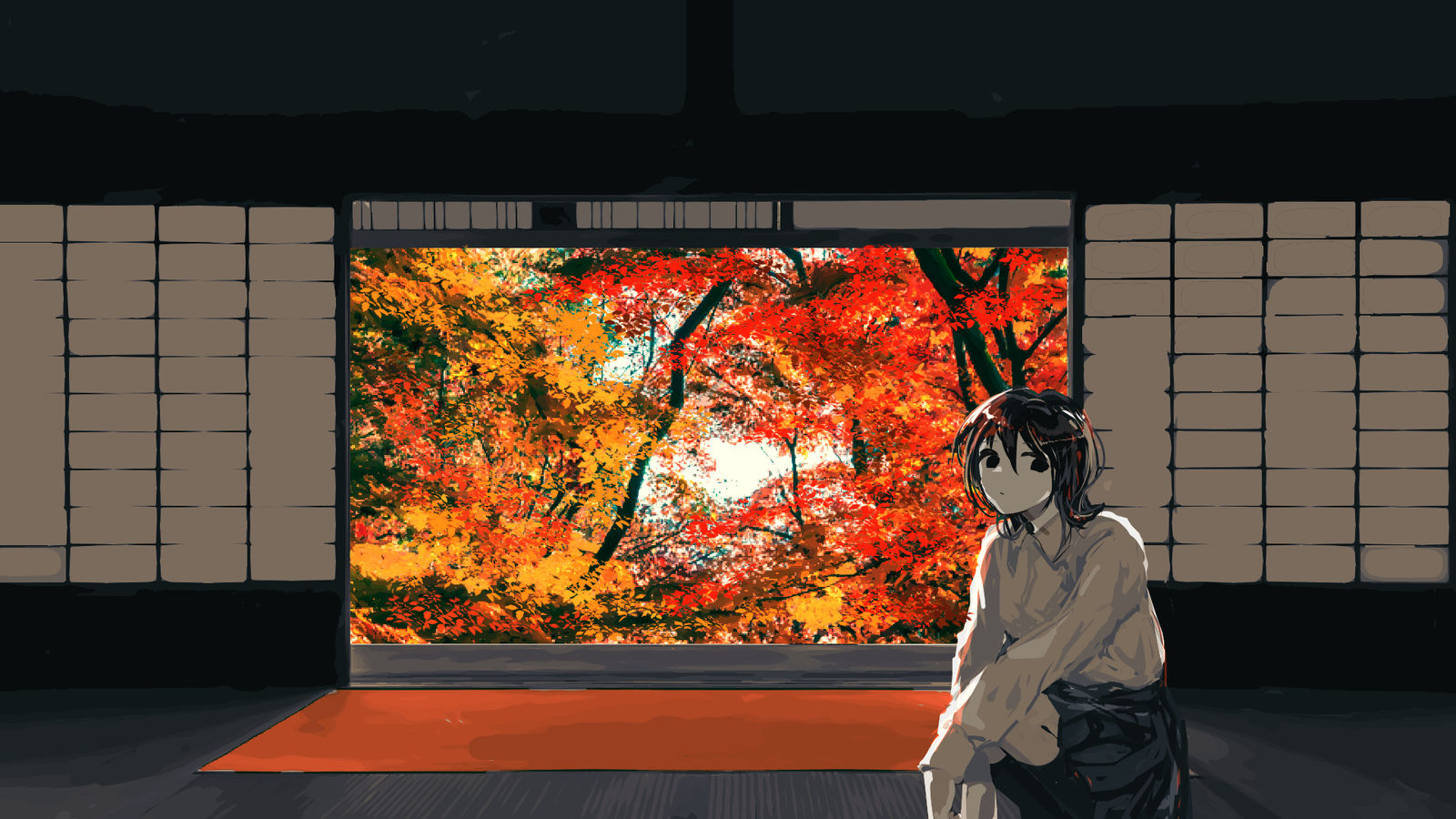 秋天的窗户插画图片壁纸