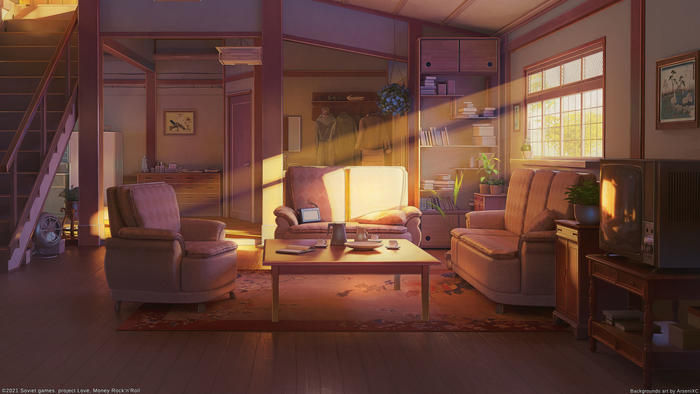 Himitsu家的室内装饰日落插画图片壁纸