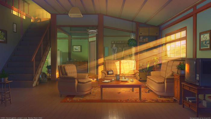Himitsu家的室内装饰日落插画图片壁纸