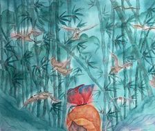 竹与飞鸽-水彩插画竖图