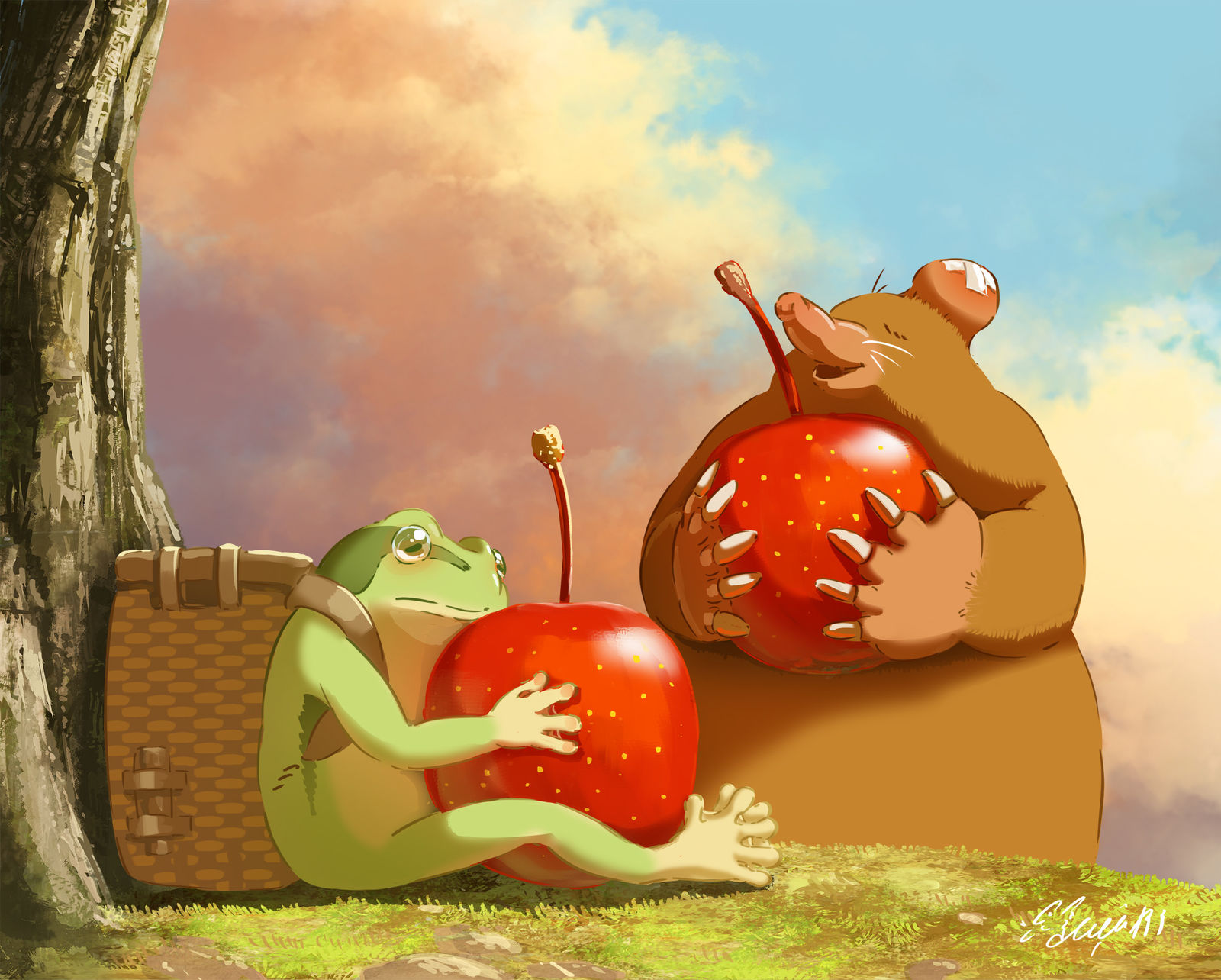 小小的苹果和大大的温柔插画图片壁纸