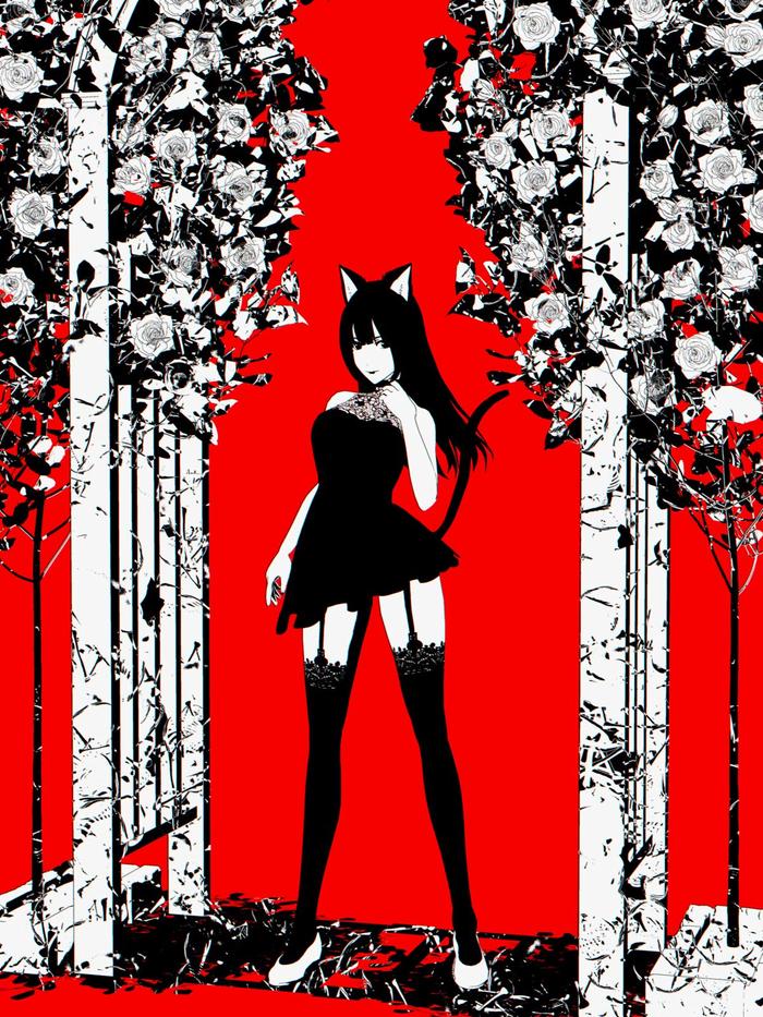 蔷薇与黑猫娘插画图片壁纸
