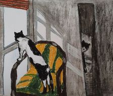 猫与镜子-铅笔画炭笔画