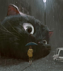 雨中的大猫插画图片壁纸